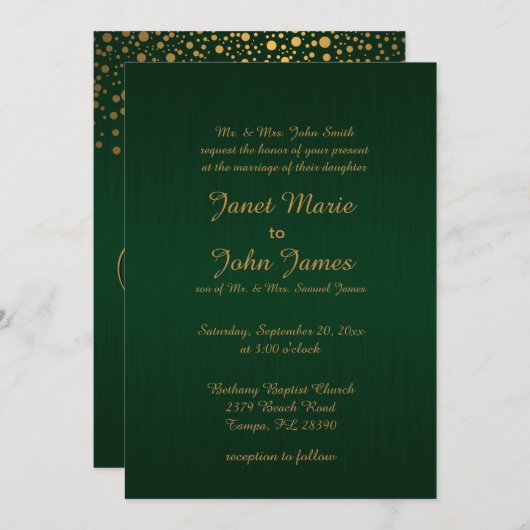 Invitation Dots Confetti Or Élégants| Vert foncé (Devant / Derrière)