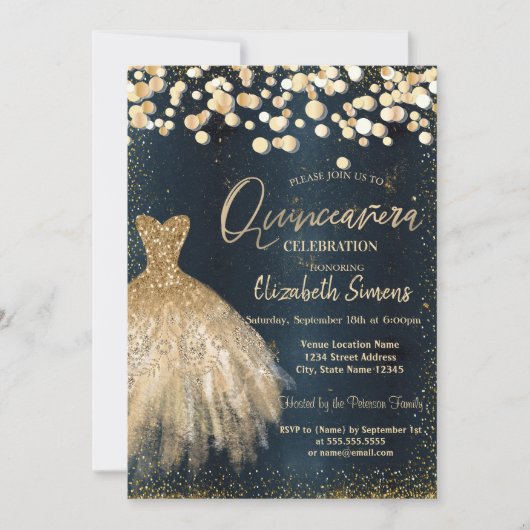 Invitation Dots Confetti Or, Robe bleu foncé Quinceañera (Devant)