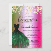 Invitation Dots Confetti Or, Robe Verte Ombre Quinceañera (Devant)