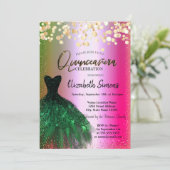 Invitation Dots Confetti Or, Robe Verte Ombre Quinceañera (Debout devant)