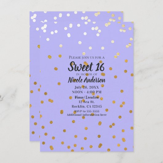 Invitation Dots Confetti Purple & Or Glam Glamor Moderne (Devant / Derrière)