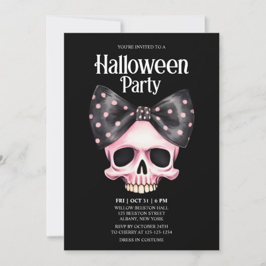 Invitation Dots crâne noir Bow rose Horreur Halloween Party (Devant)