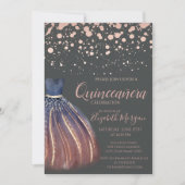 Invitation Dots d'or Rose moderne, Robe Chic Gris Quinceañera (Devant)