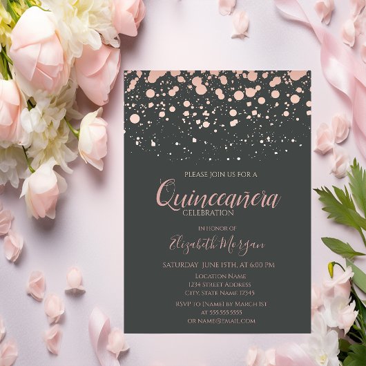 Invitation Dots d'or Rose modernes, Quinceanera gris