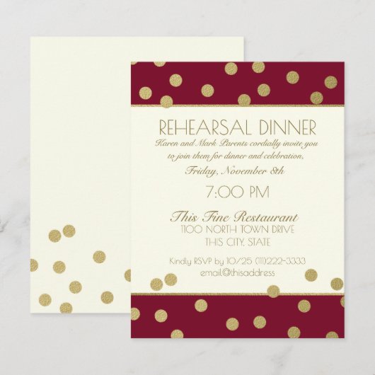 Invitation Dots Gold Confetti Dîner de répétition Bourgogne (Devant / Derrière)