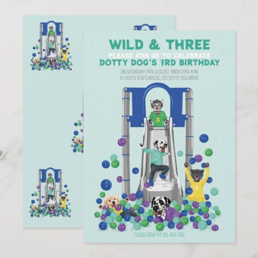 Invitation Dotty Dog Wild & Three 3e anniversaire (Devant / Derrière)
