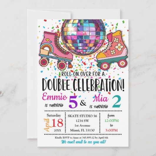 Invitation Double anniversaire de sœurs Célébration de roller (Devant)
