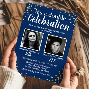 Invitation Double Anniversaire Photo Bleu Or