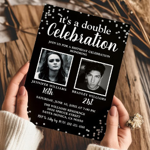 Invitation double anniversaire photo noir argent
