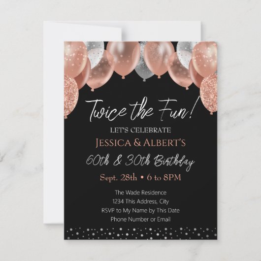 Invitation double Anniversaire rose et ballons arg (Devant)