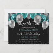 Invitation Double Anniversaire Turquoise et ballons d'argent (Devant)