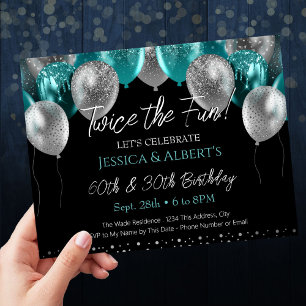 Invitation Double Anniversaire Turquoise et ballons d'argent