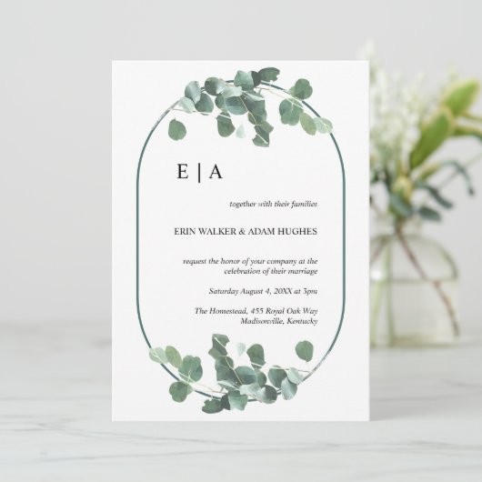 Invitation Double Arc Eucalyptus Verdure Monogramme simple (Debout devant)