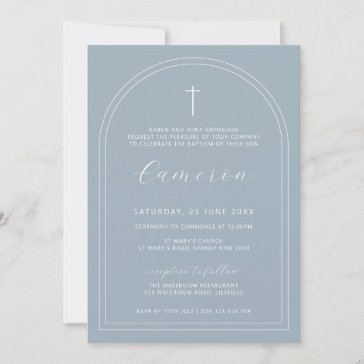 Invitation Double arc simple croix bleu baptême baptême baptê (Devant)