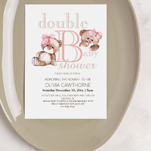 Invitation Double Baby shower Deux ours Filles