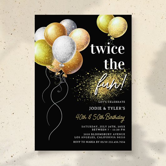 Invitation Double Black et Gold Balloon Joint Anniversaire