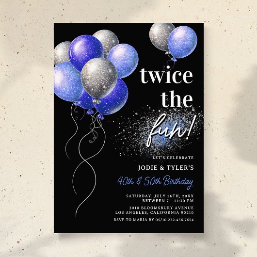 Invitation Double Blue et Silver Balloon Joint Anniversaire