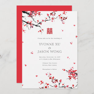 Invitation Double Bonheur Chinois Rouge Élégant Mariage