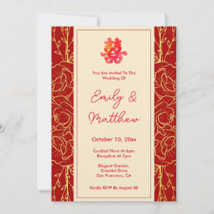 Invitation Double bonheur fleuri rouge mariage chinois