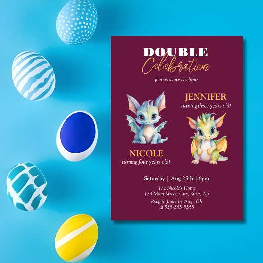 Invitation Double Celebration Cute Dragons Fairytale Annivers