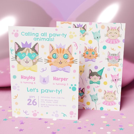 Invitation Double Celebration Cute Kitty Combiné Anniversaire