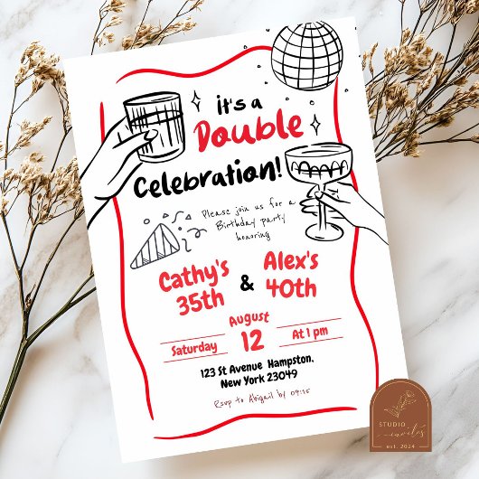 Invitation Double Célébration Dessinée à la Main Anniversaire