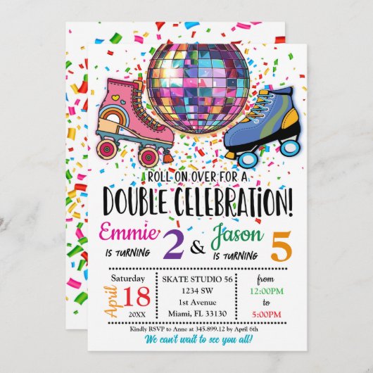 Invitation Double Célébration Disco de Patin à Rou (Devant / Derrière)