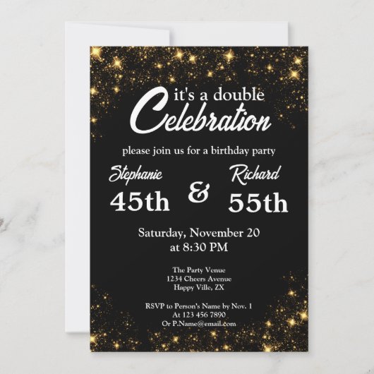 Invitation Double célébration Joyeux Anniversaire Noir Or (Devant)