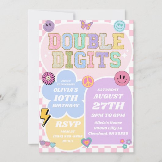 Invitation Double Chiffres Preppy Patch 10e fête d'anniversai (Devant)