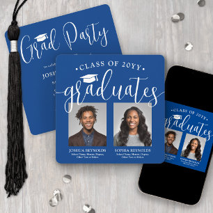 Invitation Double Diplomation 2 Photos Bleu Royal Soirée Comm