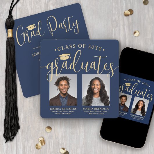 Invitation Double Diplomation 2 Photos Navy & Gold Soirée Com