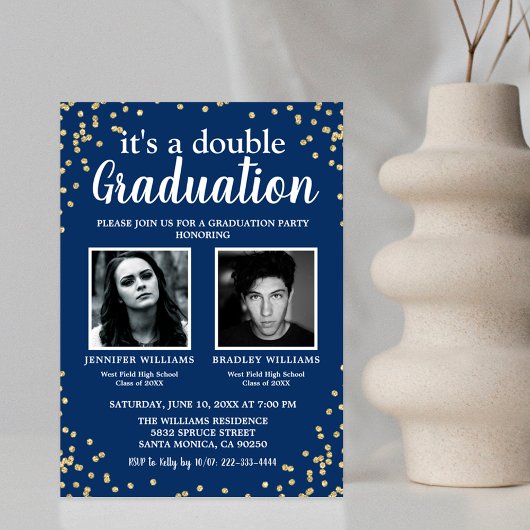 Invitation Double Diplôme Deux Photo Diplômé Bleu