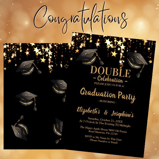 Invitation Double élégance noire fête de graduation
