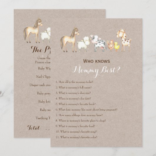 Invitation Double face - 2 x jeux de Baby shower (Devant / Derrière)