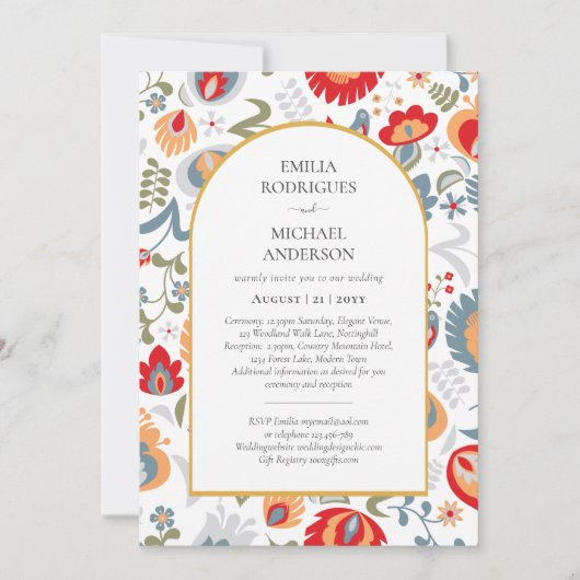 Invitation Double face BILINGUAL Mariage Folk Fleurs d'art fo (Devant)