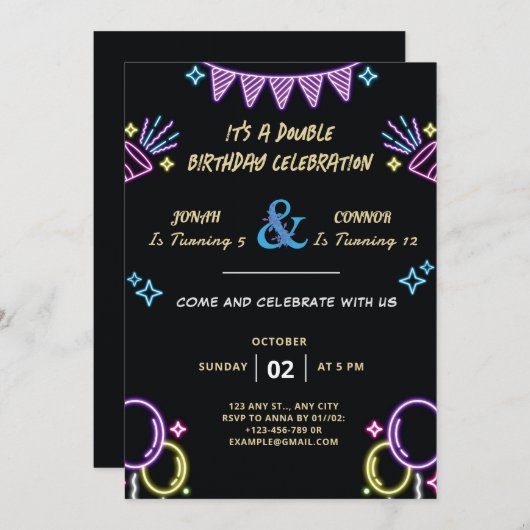 Invitation Double fête Anniversaire (Devant / Derrière)
