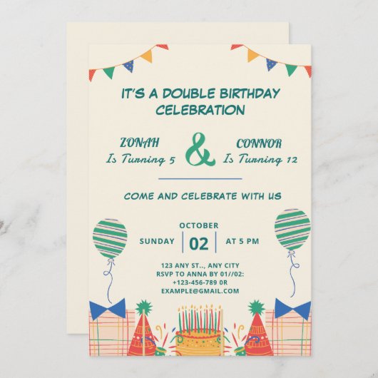 Invitation Double fête Anniversaire (Devant / Derrière)