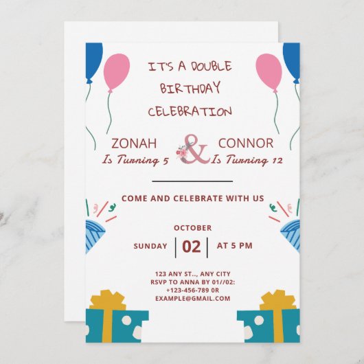 Invitation Double fête Anniversaire (Devant / Derrière)