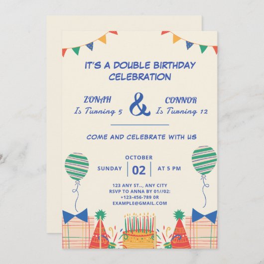 Invitation Double fête Anniversaire (Devant / Derrière)