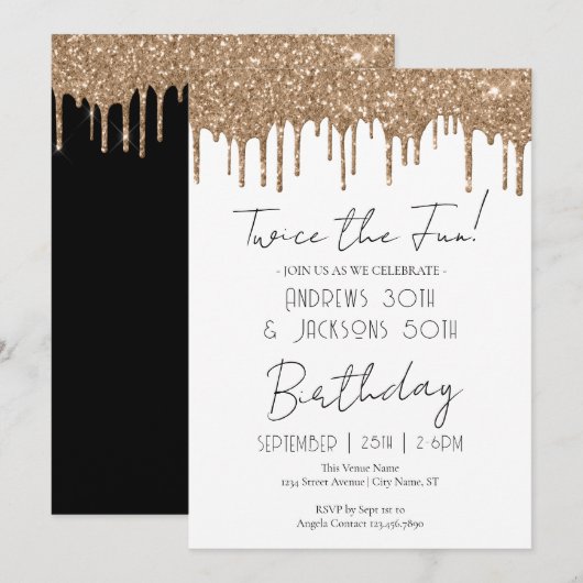 Invitation Double Fête d'Anniversaire Élégant Gold Drips (Devant / Derrière)