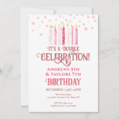 Invitation Double fête d'anniversaire Enfants bougies roses (Devant)