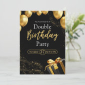 Invitation Double fête d'anniversaire Noir et or élégant (Debout devant)