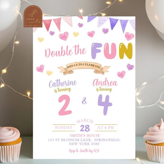 Invitation Double Fun pour les Cœurs Sœurs Fête d'Anniversair