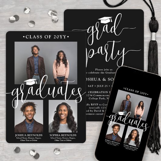 Invitation Double Graduation 2 Grads noir blanc photo conjoin