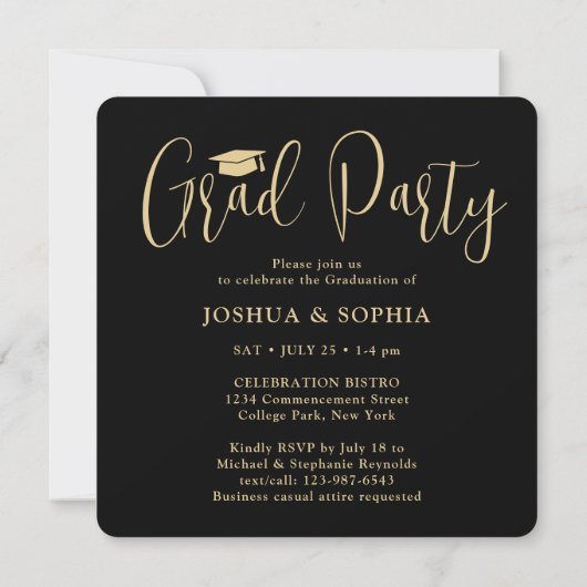 Invitation Double Graduation 2 Photos Black Gold Joint Party (Dos)