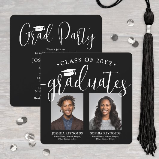Invitation Double Graduation 2 Photos Black White Joint Party
