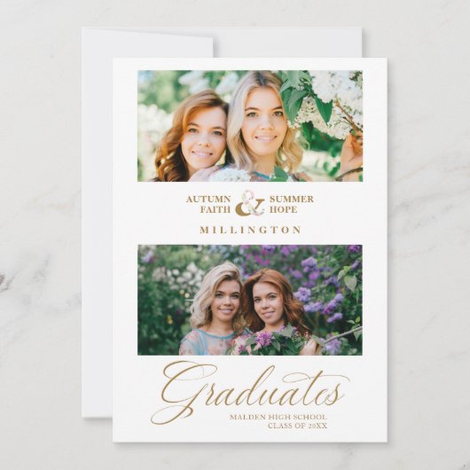 Invitation Double Graduation Chic Gold 2 Photos Script modern (Devant)