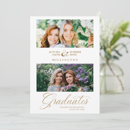 Invitation Double Graduation Chic Gold 2 Photos Script modern (Debout devant)