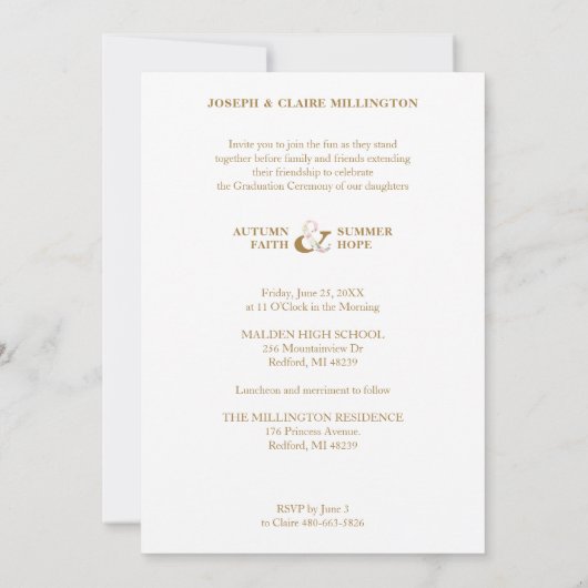 Invitation Double Graduation Chic Gold 2 Photos Script modern (Dos)