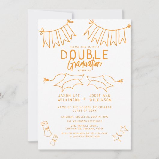 Invitation Double Graduation du Doodle Orange tendance (Devant)
